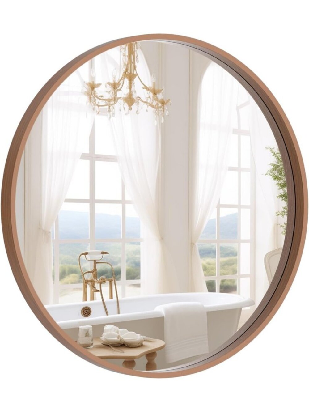 24-Inch Round Wood Frame Mirror for Bathroom, Vanity, Entryway & Living Room